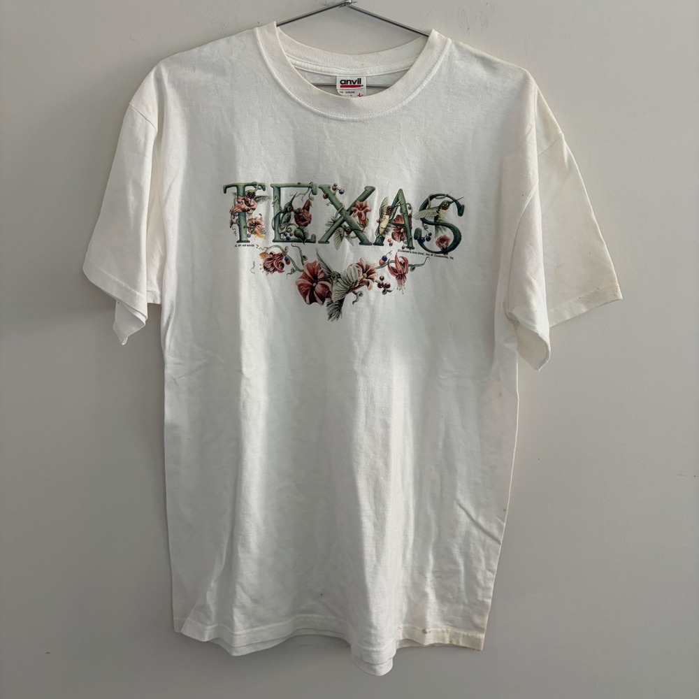 Vintage Anvil Texas Floral Hummingbird T Shirt White Large 90s Graphic Tee
